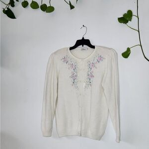 Cottagecore Soft Angora Puff Sleeve Floral Embroidery Cardigan Sweater